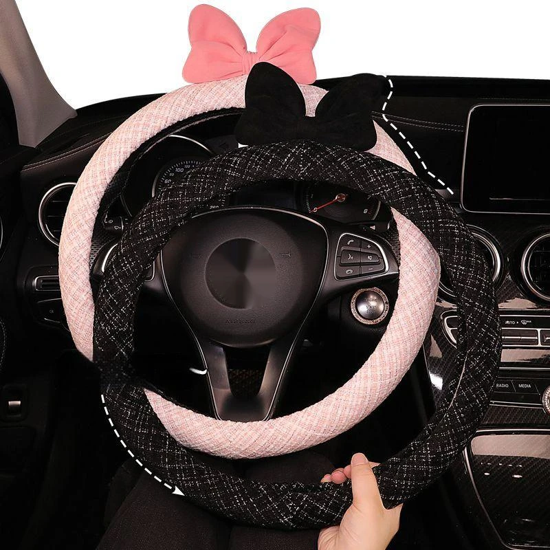 Bowknot Car Steering Wheel Cover Handle Set Cartoon Summer Round D-type Sweat-absorbing Non-slip Car Accessories Interior