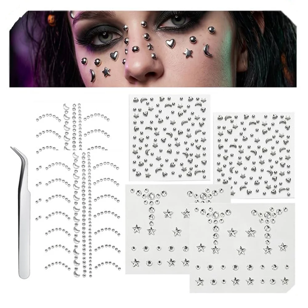 Fake Piercings Balls Stick on Nose Stud Fake Eyebrow Lip Hoop Medusa Labret Stud Adhesive Star Face Gems Rhinestone
