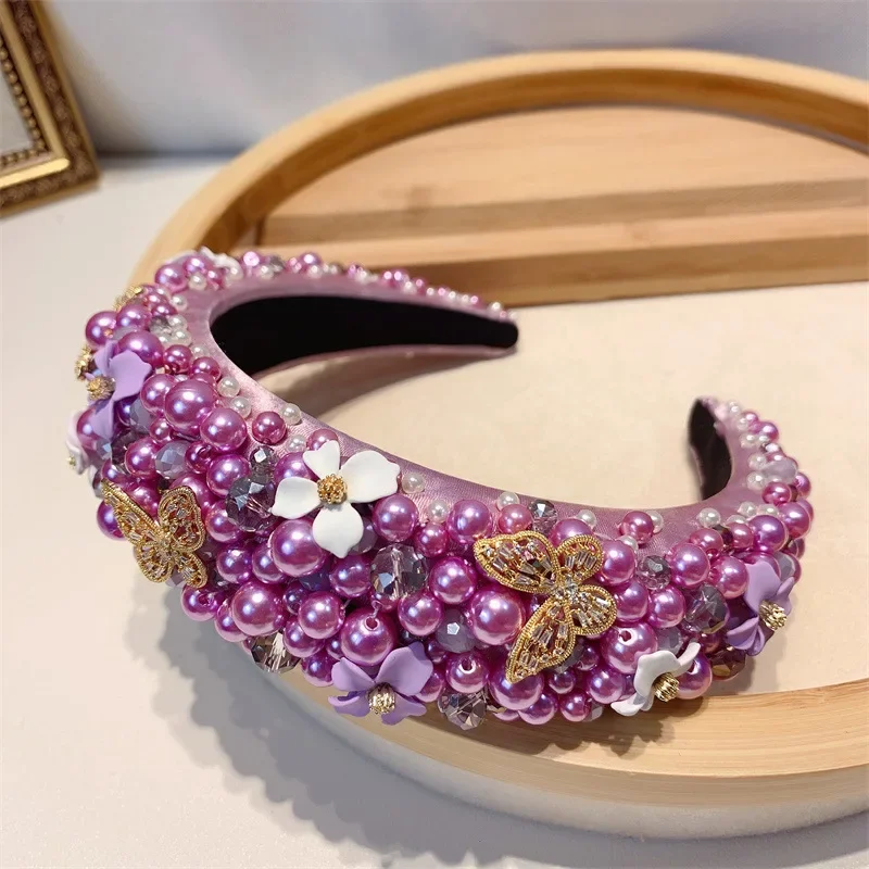 Korean Women Ladies Butterfly Pearls Flower Green Black Headbands , Female Bling Bling Zircon Purple Headwear Hair Accessories