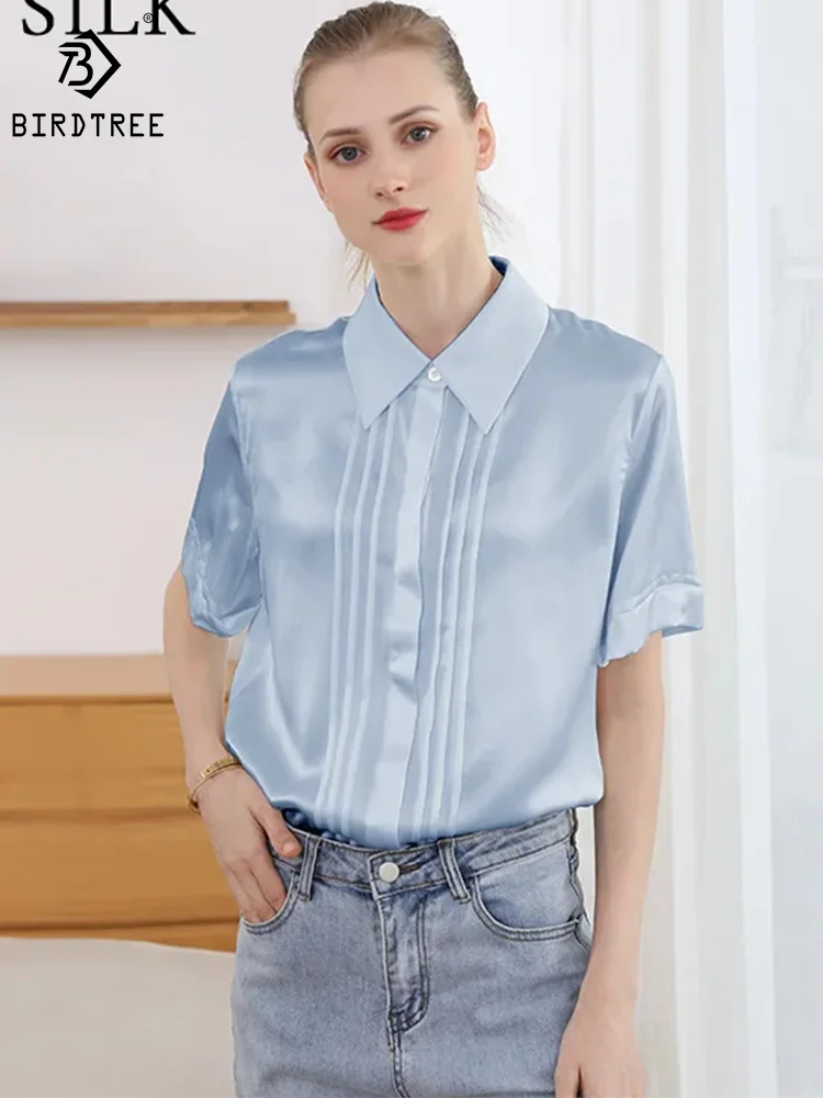 

Birdtree Lapel Short Sleeve Solid,19MM 100%Real Silk Elegant Shirt,Designed Chic Blouses,2024 Office Lady New Top,T3N333QM