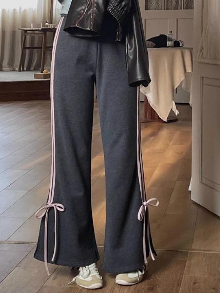 Pantalon taille haute à lacets rayés pour femmes, style preppy, design esthétique, décontracté, tout match, nouveaux vêtements, Y2K, 2024