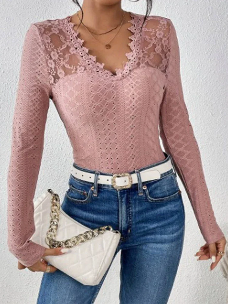 Solid Color Long Sleeve Jacquard Weave Blouse Lace Hollow Out V-neck Fashion Women Slim Shirts 2024 New Sexy Soft Women Shirts