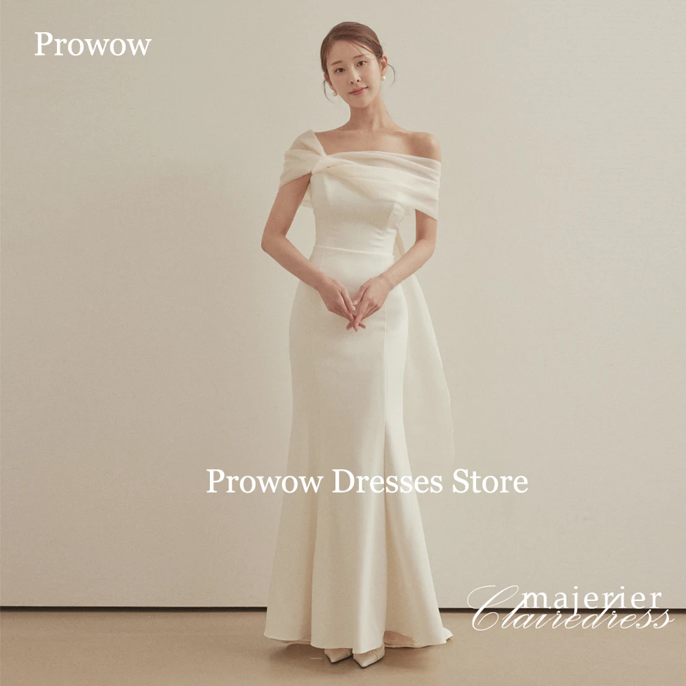 Prowow Abiti da sposa semplici a sirena Corea Photoshoot Abiti da sposa lunghi fino al pavimento con lungo bolero personalizzato