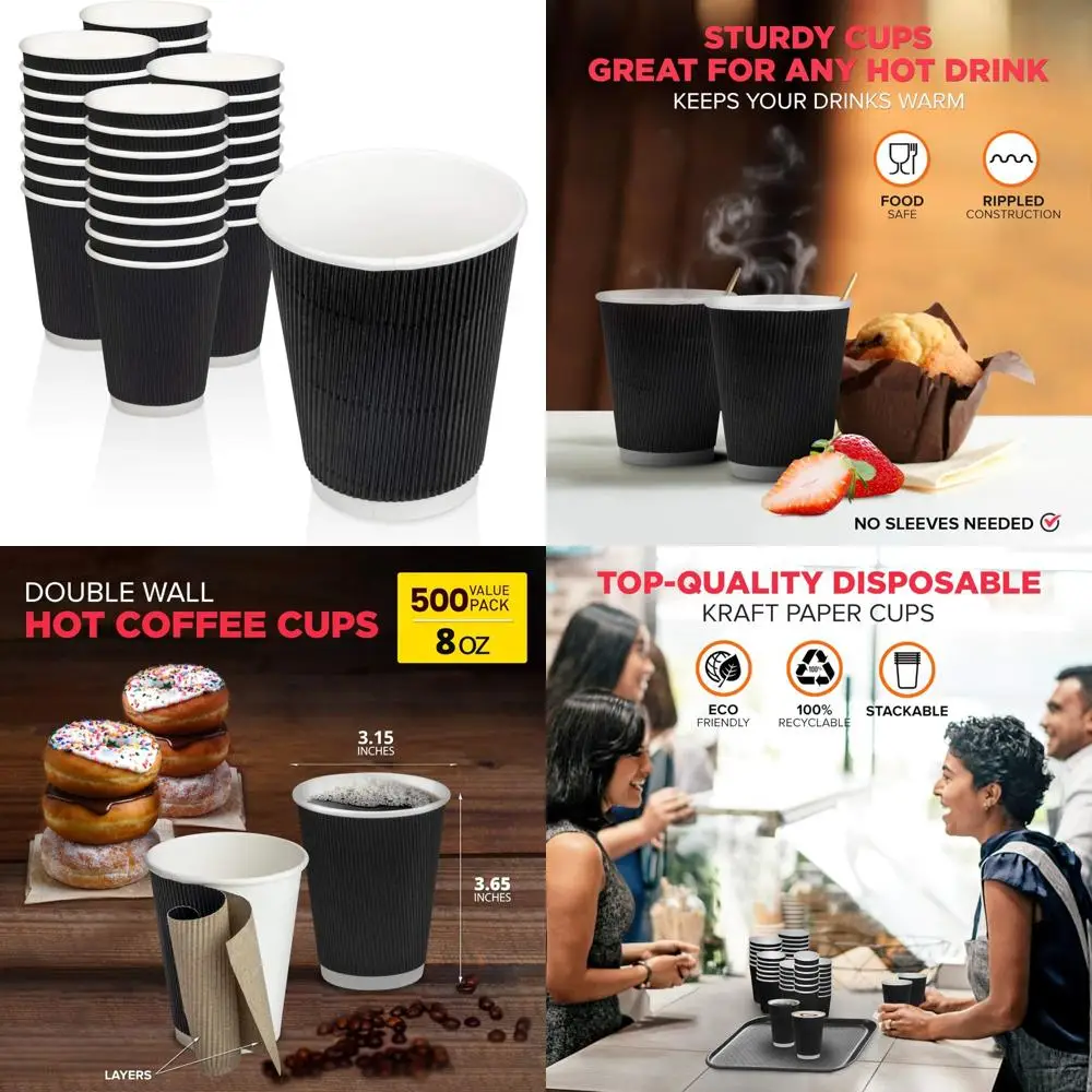 

500 pack 8oz black disposable cups for hot beverages - triple wall insulated paper cups
