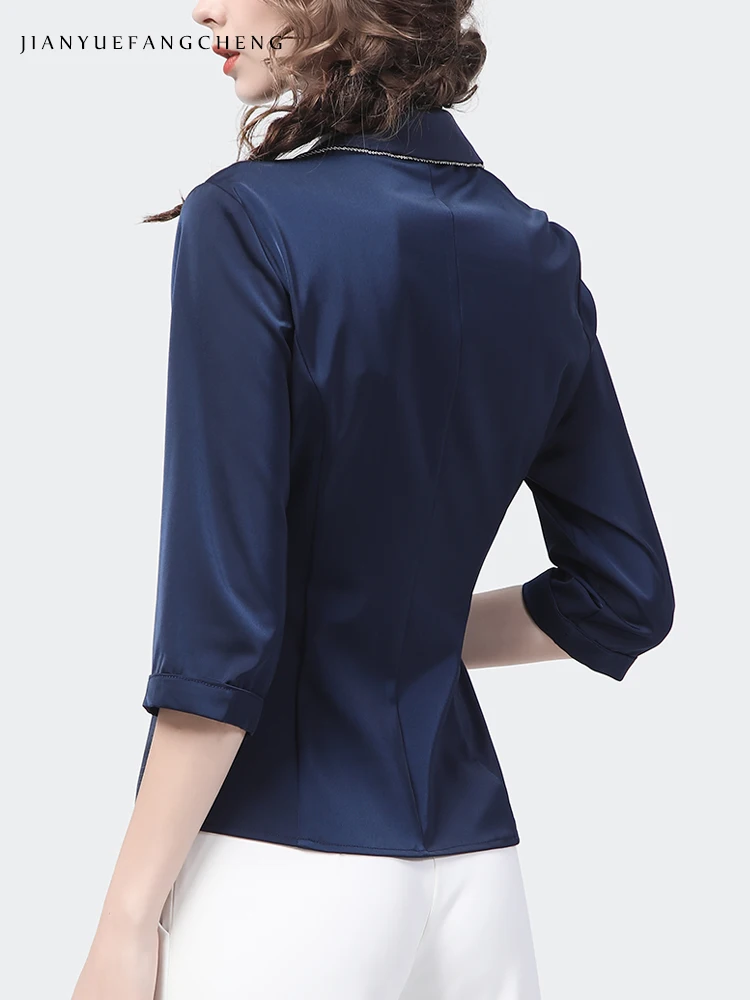 Fashion Suit Collar Women Spring Summer Blue Satin Shirt Outwear Elegant Slim Crossed V-neck Casual Working Ladies Tops