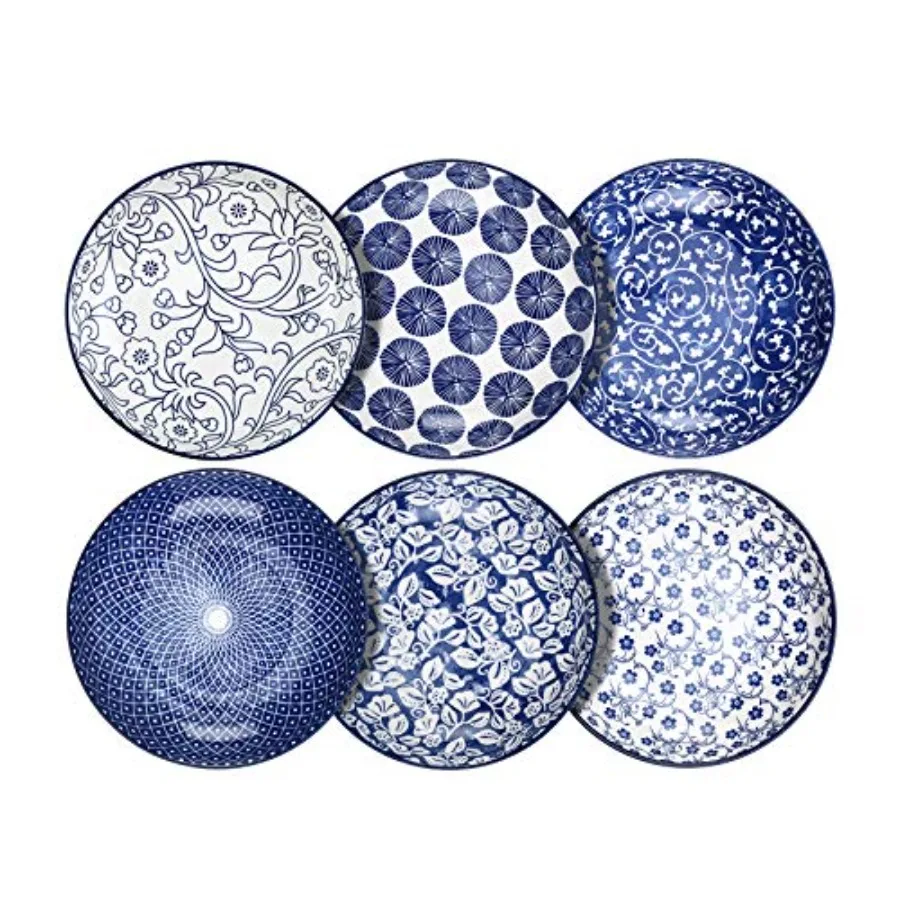 Porcelain Salad Pasta Bowls Serving bowls Microwave and Dishwasher Safe Sturdy and Stackable - 26 Ounce Set of 6 Vintage Blue