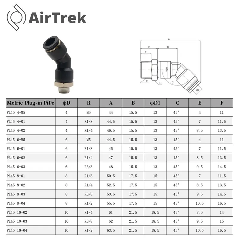 1/10/20 unidades KQ2K/PL45 °   Rosca macho pneumática de encaixe de cotovelo de conexão rápida M5 1/8 1/4 3/8 Push-in OD 4/6/8 Conector para mangueira de ar