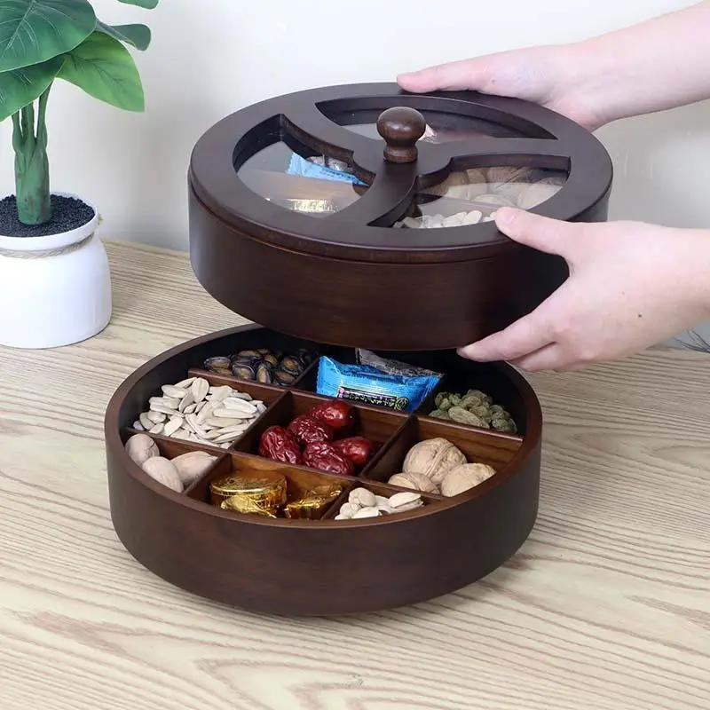 Rotating Wooden Snack Tray 2026 New Sectional Lidded Nut Storage Box for Modern Living Room