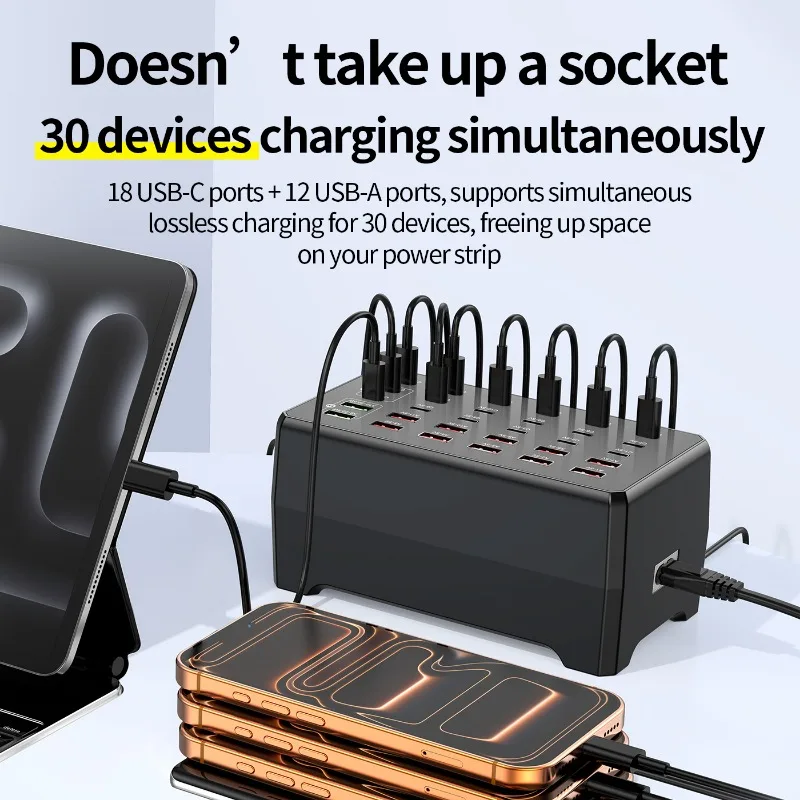 30 Ports USB A Type C Smart Charger Hub 12A 18C Multi Port Desktop Fast Charging Station Dock For phone Tablet Charger