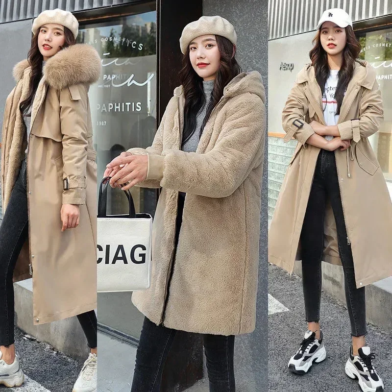 Parka longue à capuche avec doublure en fourrure pour femme, manteau rembourré Smile, veste chaude, vêtements d'extérieur détachables, optique, 5XL, nouveau, hiver, 2023