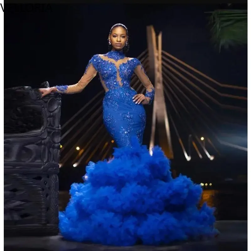 Elegant Blue Ball Dress Luxury Beaded Stickers Long Sleeve High Collar Evening Gown Gorgeous Ruffle Fluffy Party Gown Customized