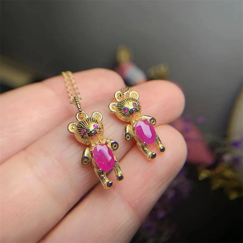 Natural Gemstone Ruby Bear Shape Pendant Necklace for Women Girl Pure 925 Sterling Silver 18K Yellow Gold Plated Cute