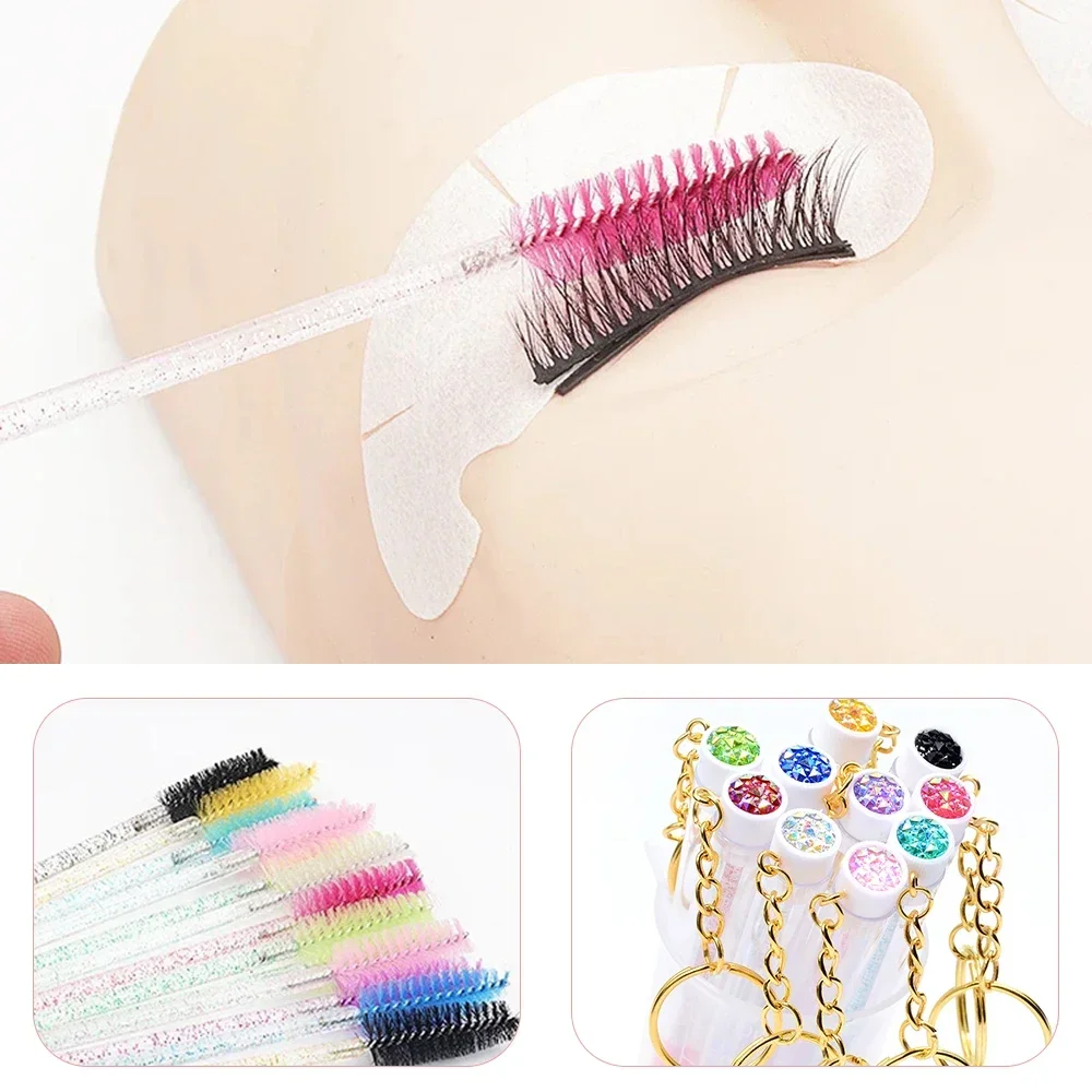 10pcs Reusable Eyelash Brush Tubes With Gold Keychain Sparkling Lash Mascara Wands In Tubes Container Lash Spoolies Comb Brushes