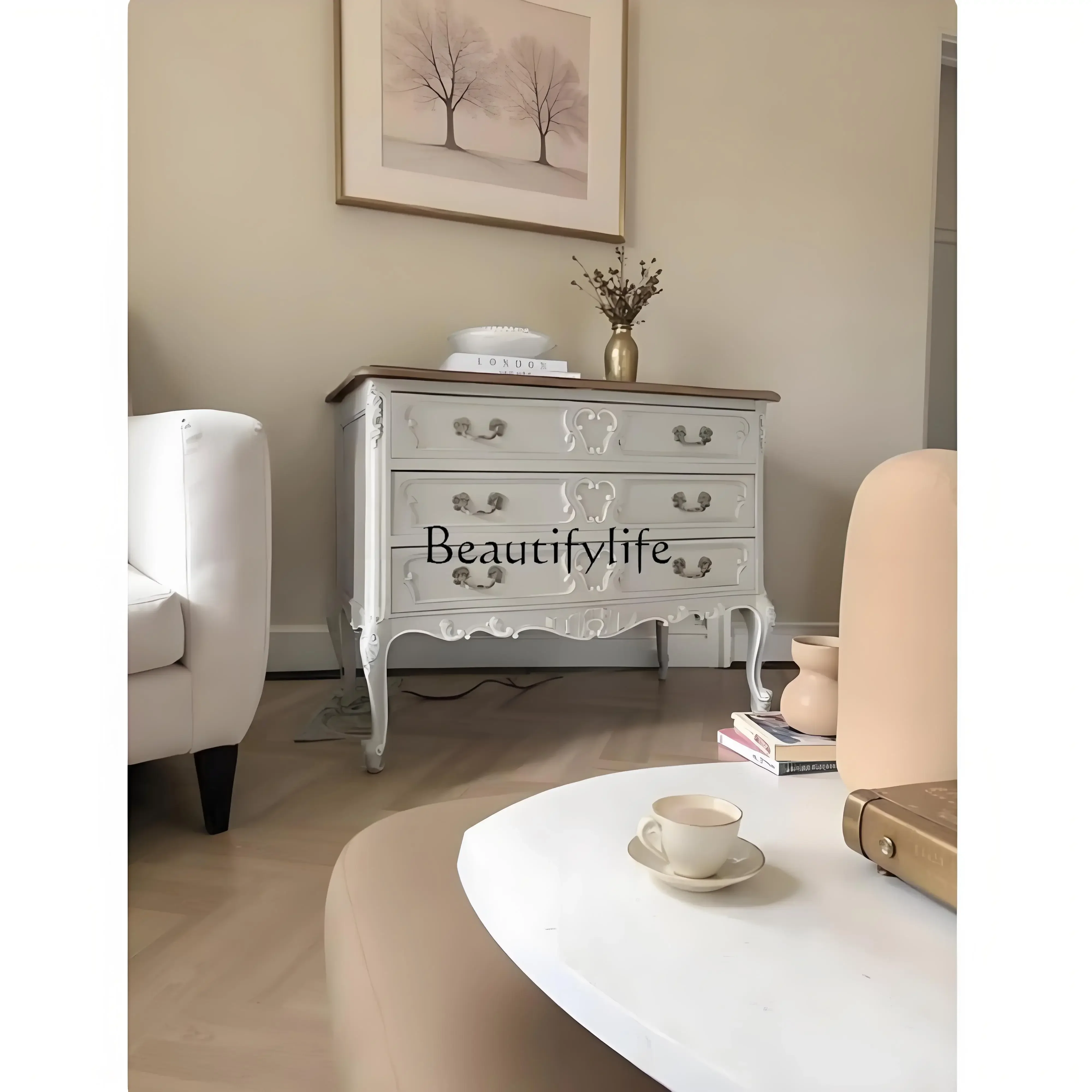 

1Yj19 French Style Duplex Solid Wood Chest Of Drawers American Style Entryway Storage Shoe Cabinet Antique Carved