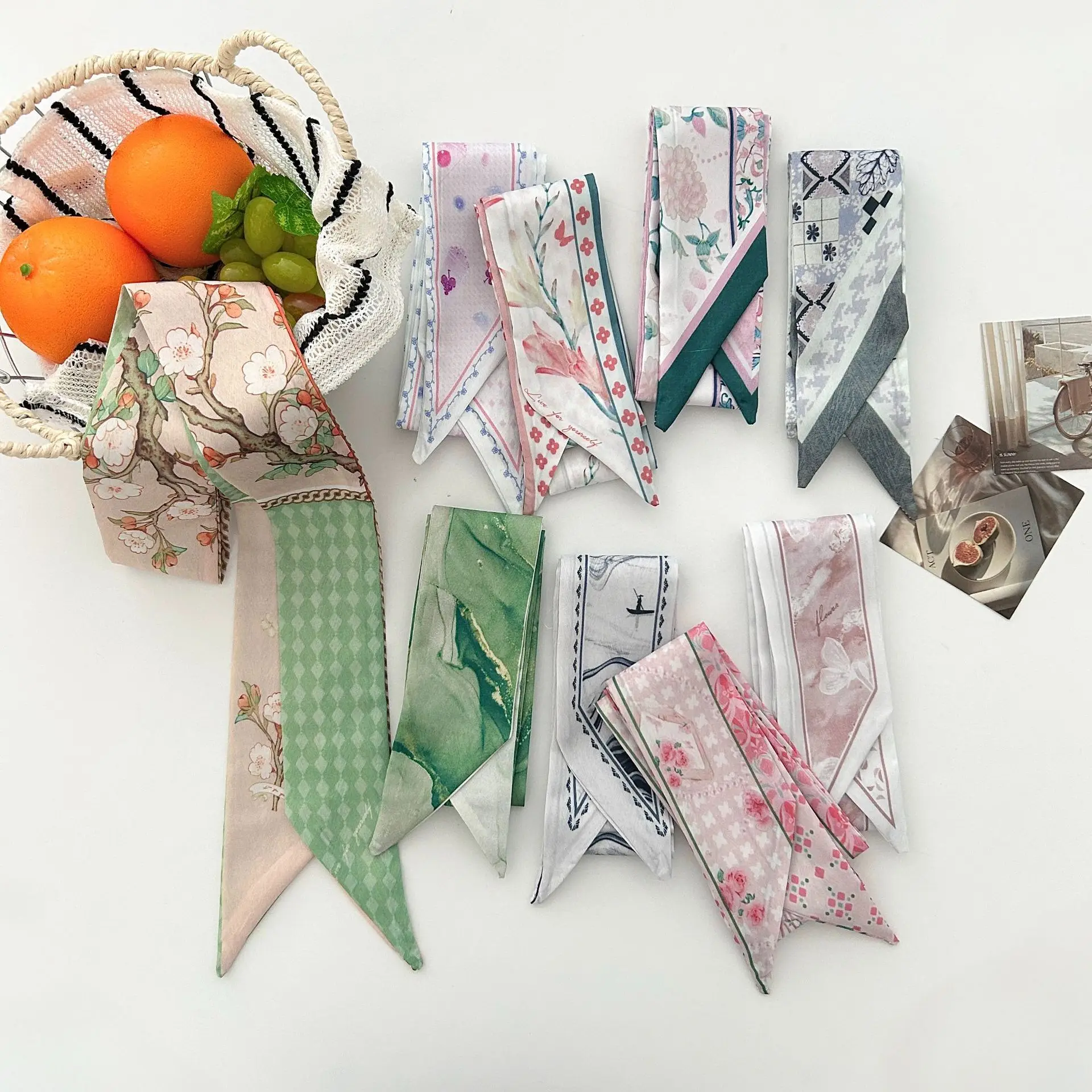 Floral Print Scarf Skinny Long Ribbon Multifunctional Hair Scarf Bag Strap Neck Wrap Belt Soft Satin for Women Casual Travel