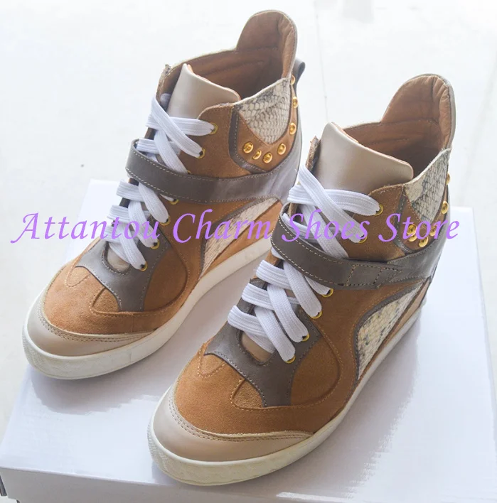 New Rivets Lace-up Woman Ankle Boots Fashion 8cm Increasing Wedge Heel Lady Platform Shoes Mixed Color Casual Shoes