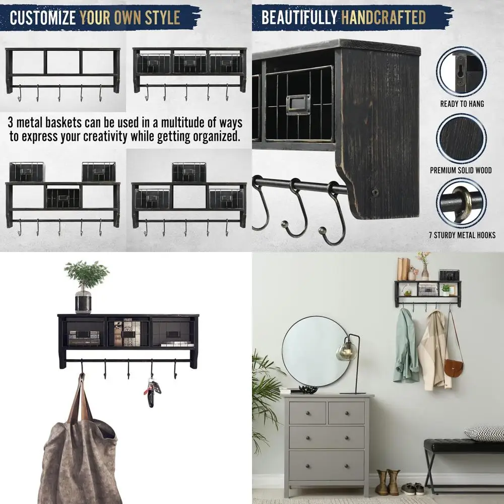 

Solid Wood Wall-Mounted Organizer with Hooks and Baskets, Rustic Blackwash, 24 Wide for Entryway
