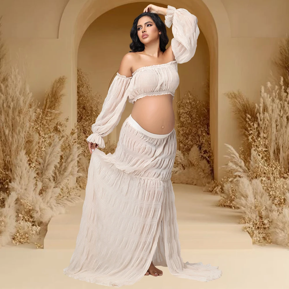 マタニティ-オフショルダー-チューブ-ランタン-スリーブ-シフォン-2-ピース-写真撮影用衣装-ルーシュサイドスリットドレス-写真撮影用-ベビーシャワー用