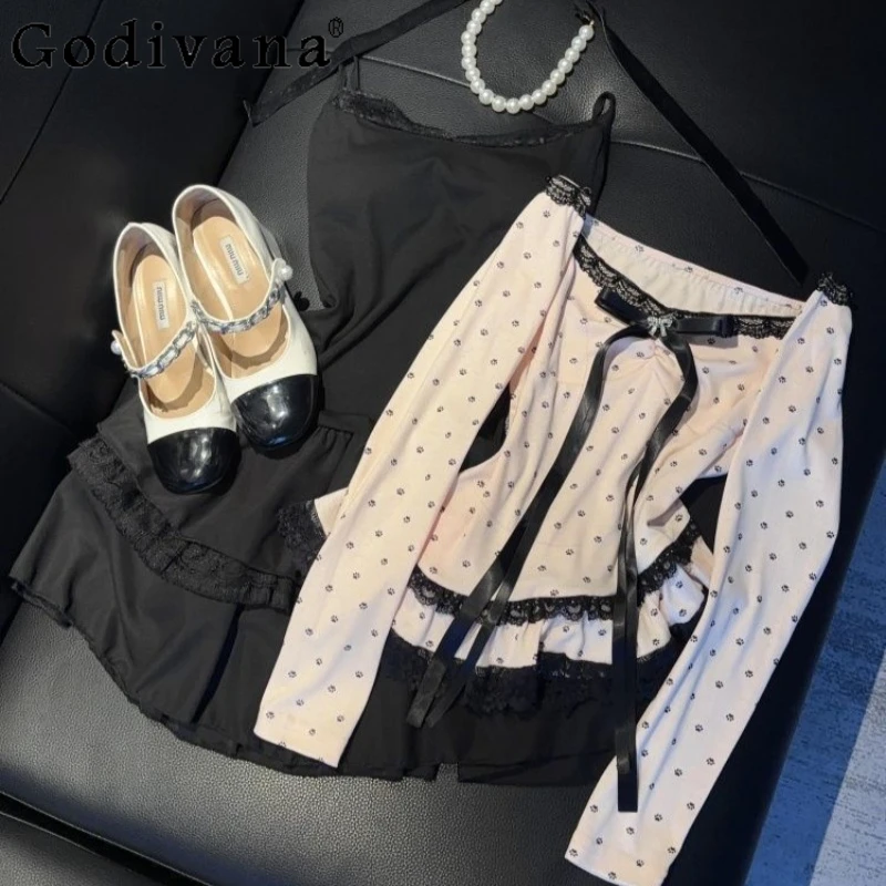 

Japanese Sweet College Style Dress Suits Women Bowknot Print Top Base Dress Two Piece Set Female Fashionable Lolita Suits