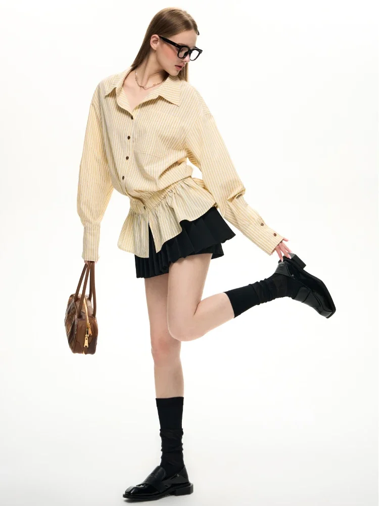 ADAgirl Yellow Striped Dress Shirt Long Sleeve Pleated Patchwork Blouse Female Korean Spring Fashion Preppy Style Clothes Chic