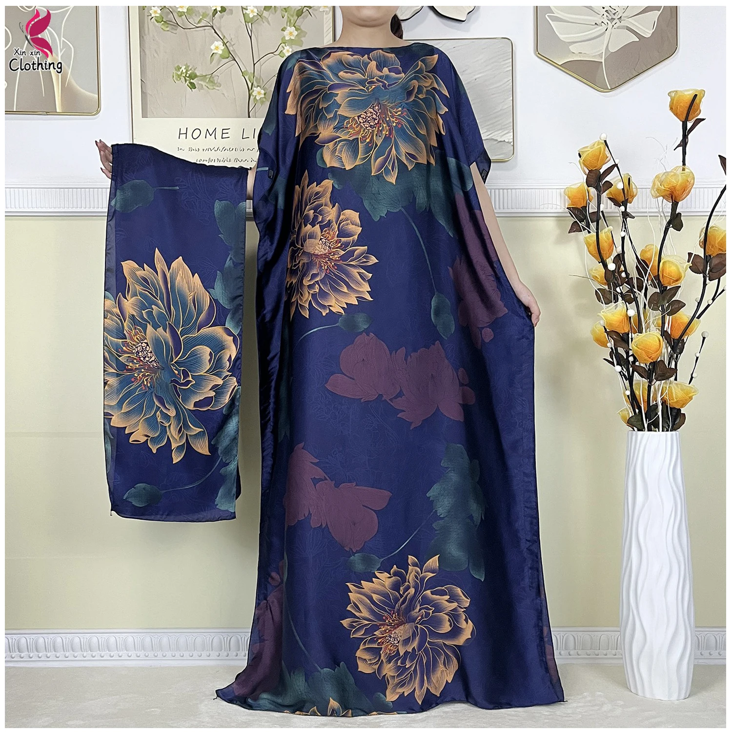 Summer African Women Short Sleeve Long Dress High-Quality Soft Silk Printed Muslim Lady Loose Robe Dubai Kaftan Dress With Scarf