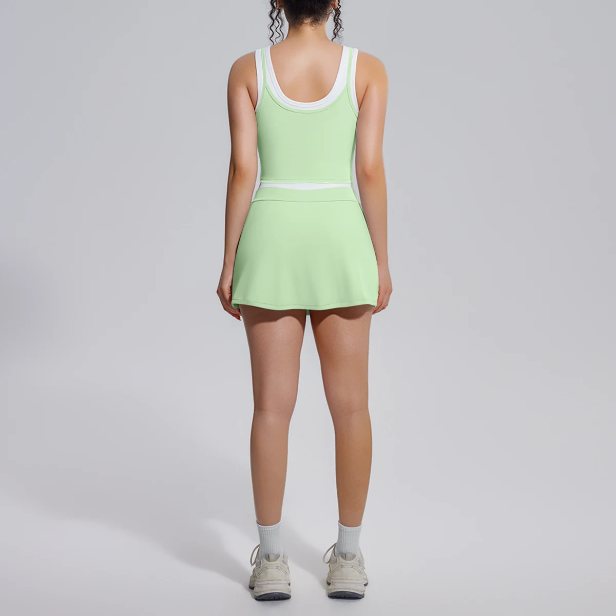 Hamidou Women Gym Clothing Yoga Set Shockproof Yoga Sport Vest with Chest Pad Color Blocking Hip Push Up Tennis Skirt Culottes