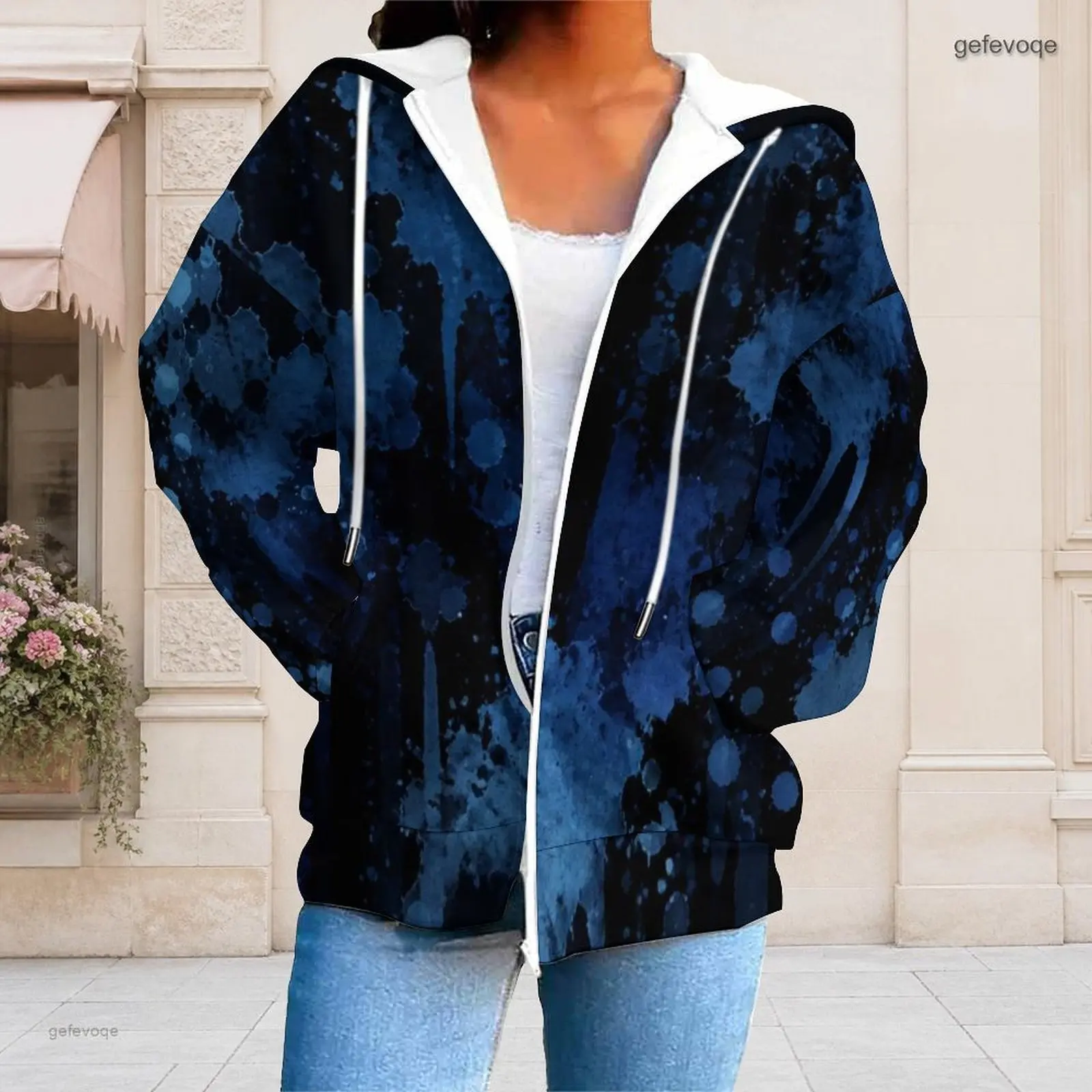 Women Abstract Navy Blue Gold Splatter Print Zip Up Long Sleeve Hoodie