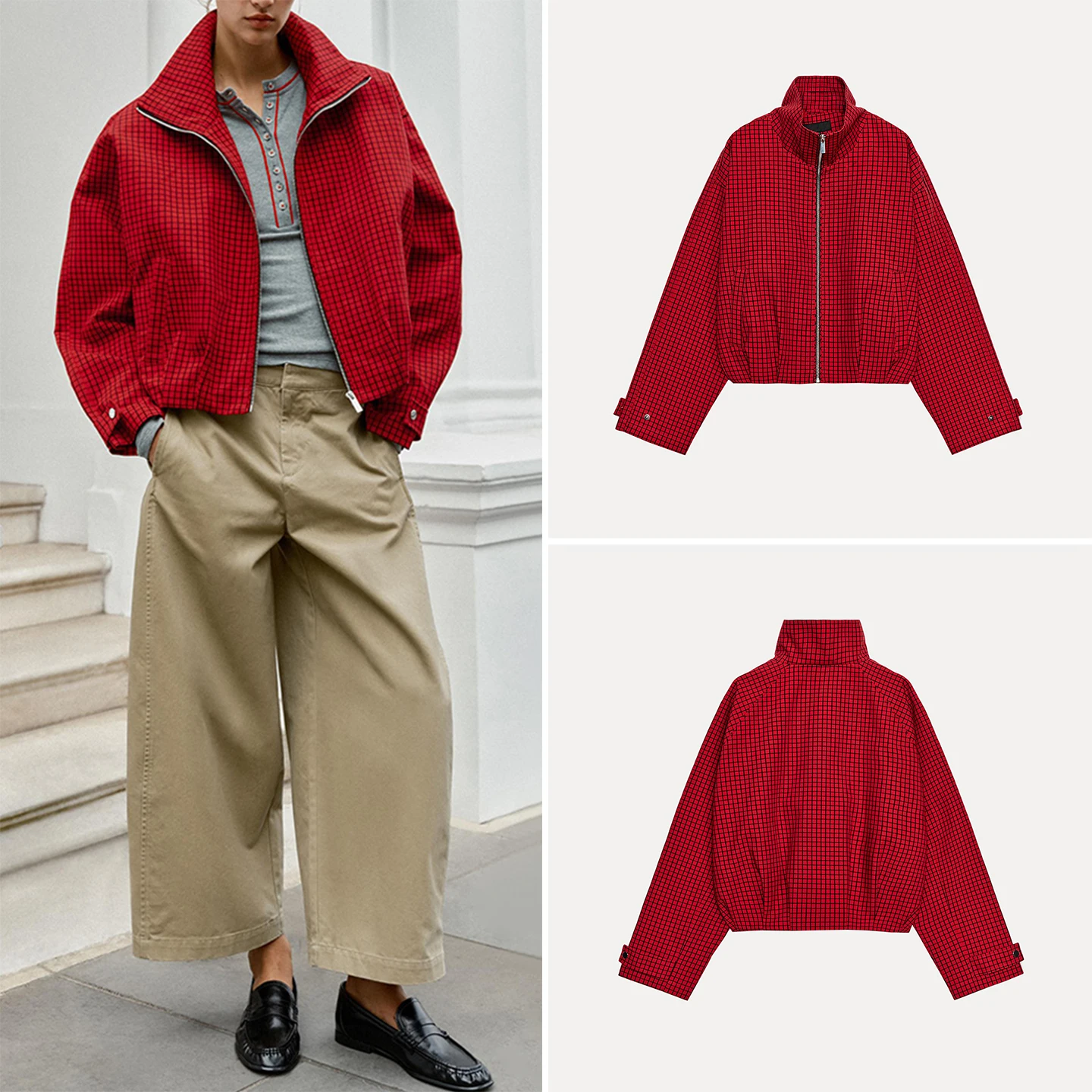 Women's Autumn 2026 Plaid Pilot Jacket Long Sleeve Stand Collar Outerwear Standard Fit Zadata Brand Other Material 100%