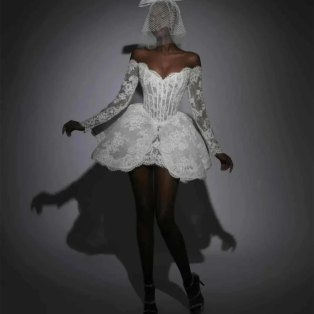 

Short Wedding Dresses Bride Robe Bridal Shower Dress Off Shoulder Long Sleeve Lace Engagment Party Gowns Customized
