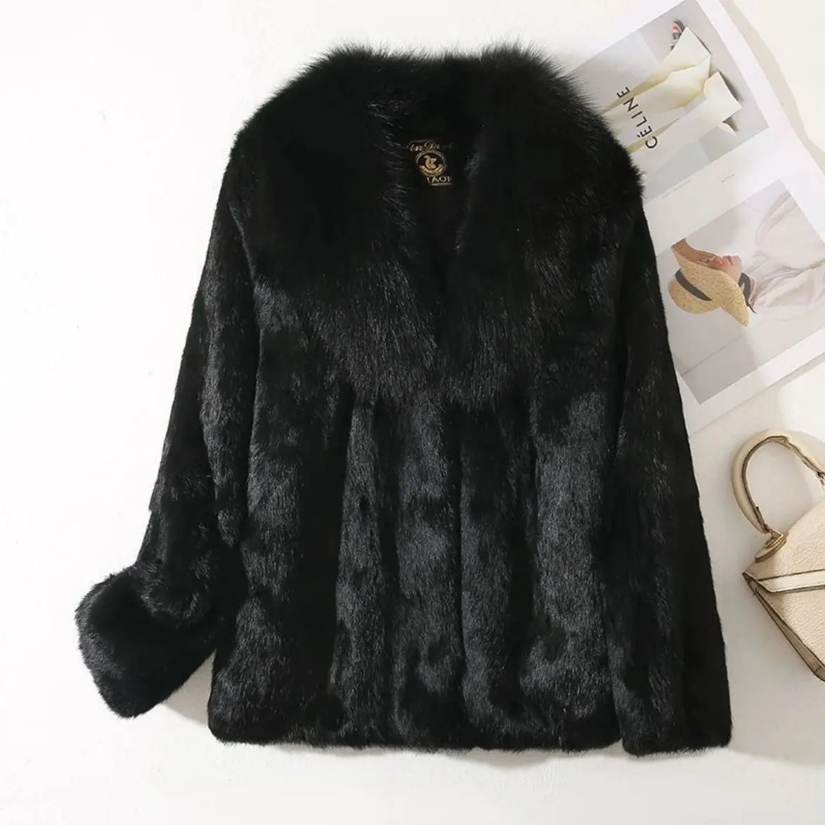 2026 Fashion Winter Rabbit Hair Fur Coat Women's Faux Fur Short Overcoat Thicken Fox Fur Collar Jacket Streetwear Outerwear