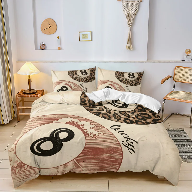 Vintage Leopard Print Lucky Billiard 8 Ball Duvet Cover Set Retro Wave Texture Bedding Soft  Comforter Y2K Teen Bedroom All Size