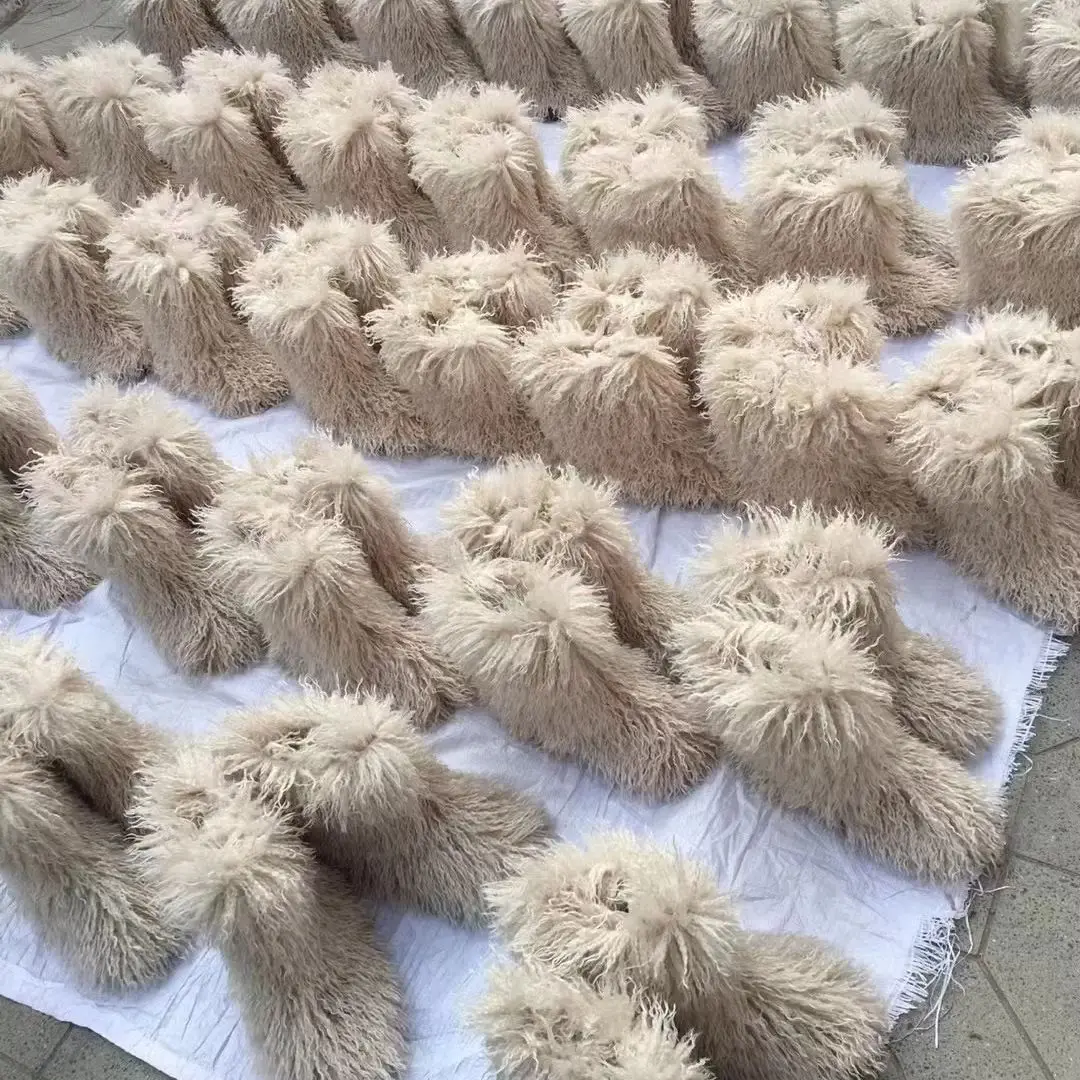 Plus Size 36-46 Fashion Winter Lamb Skin Boots Long Hair Faux Mongolian Sheep Fur Boots Cover