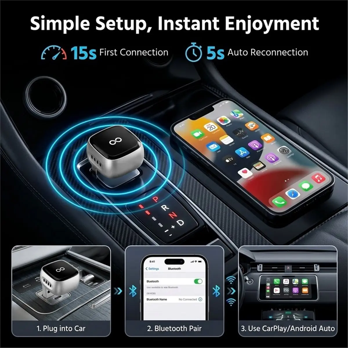 Dual Function Wireless Converter 5GHz WiFi Fast Connection Plug & Play Car Adapter, Low Latency Audio Dongle