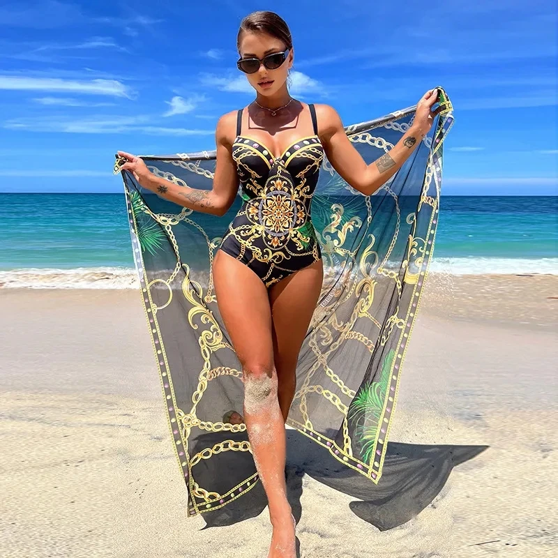 Europe And The United States Foreign Trade New Fashion One-Piece Swimsuit Women's Beautiful Back Printed Bikini Blouse Two-Piece