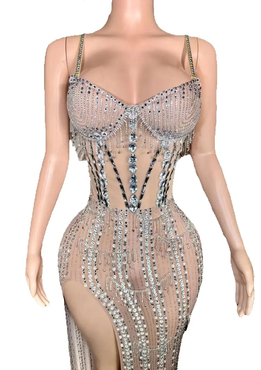 

ZD High-end temperament light luxury sling silver full diamond tassel backless slit dress celebrity evening party annual party