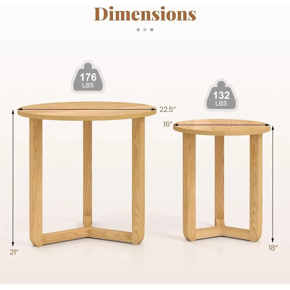 Round Nesting Coee Table Set o 2, Wood Nesting End Tables with Thickened Top & Solid Rubber Wood Legs, armhouse Soa Side Table o