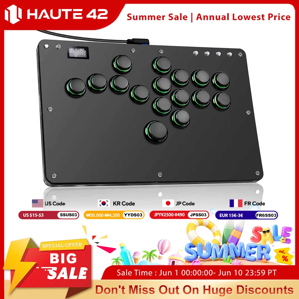Controle Arcade Haute42 R16 Button Rim Leverless Hitbox, sem alavanca, para PC/PS4/PS5/Steam.