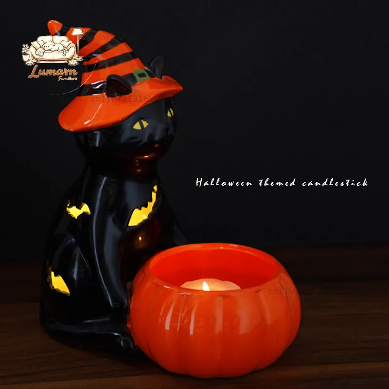 Dark series, export European black cat-shaped ceramic lighting candle holder, bat hollow Halloween decoration arrangement