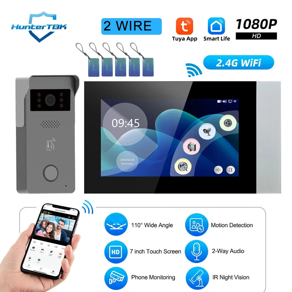 2 Wire Smart Home Tuya Wifi 1080P Video Intercom Video Door Phone 7\'\' Color Touch Screen Camera Doorbell Door Security System