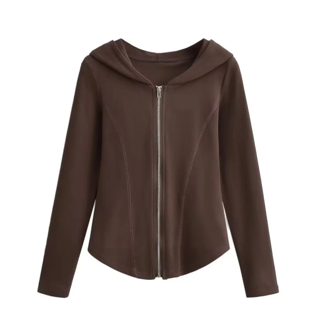 

American Sle Vintage Zipper Long Sve Hooded Open Cardigan Women's Spring Autumn New Slimming Casual ort Outerwear