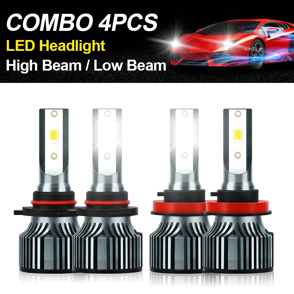 9005 H11 LED Bulbs 4PCS Combo Headlamps 20000LM 6500K Cool White HB3 H8 H9 Headlight with Cooling Fan LED Fog Lights Plug&Play,