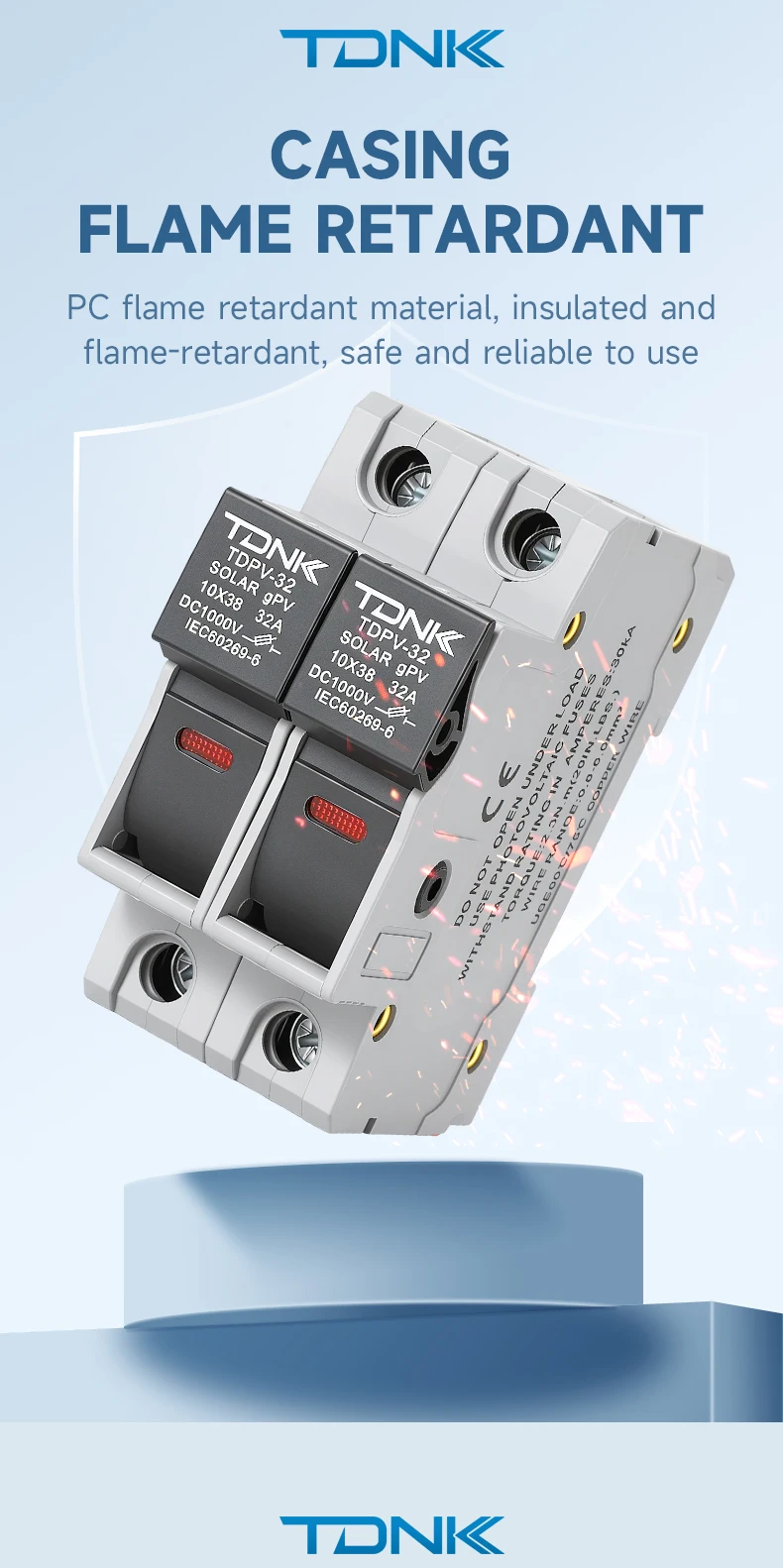 TDNK 2P DC1000V 32A Solar-PV-Sicherungshalter mit 2 Stück 10×38mm PV-Sicherungen, LED-Anzeige, DIN-Schienenmontage – Detail 7