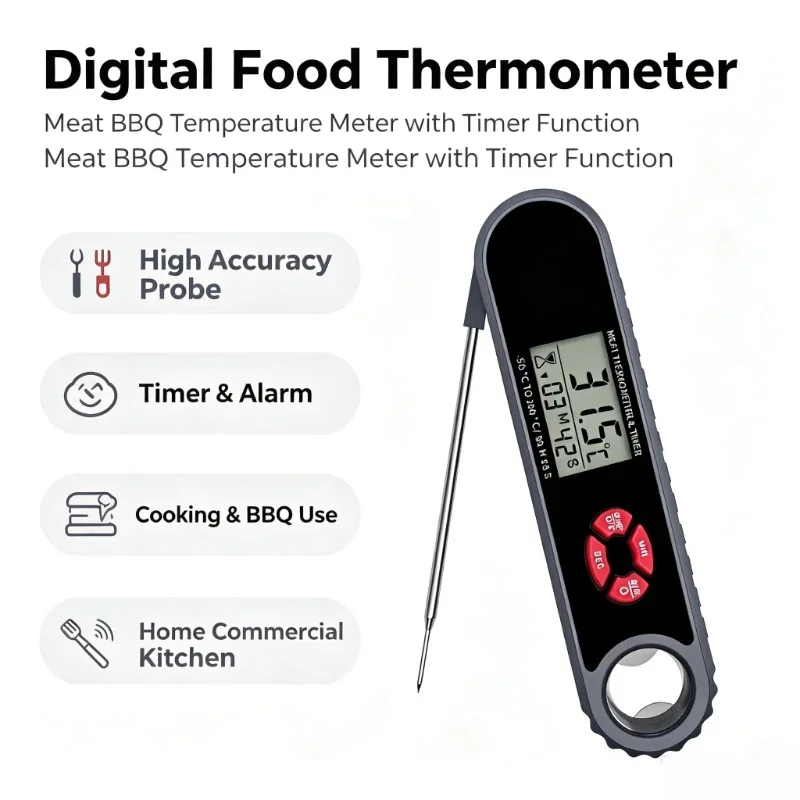 Digital Probe Food Thermometer Timer Function High Precision Cooking Temperature Gauge for Kitchen BBQ