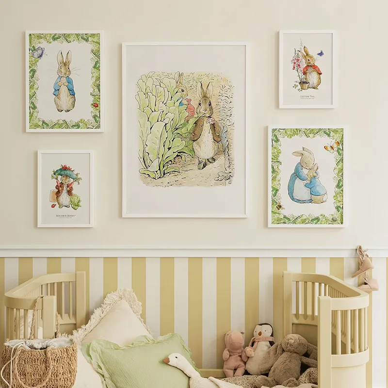 1PC frameless decorative art print,Vintage Boho Bunny Rabbit Inspired Art Poster Baby Room Bedroom Nursery Field Animal Decorati