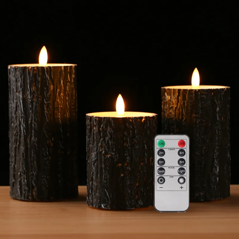 

Flameless Wooden stake Candles Battery Operated Pillar Real Wax Lighting Decors For Home Office & 10-Key Remote Timer 4" 5" 6"