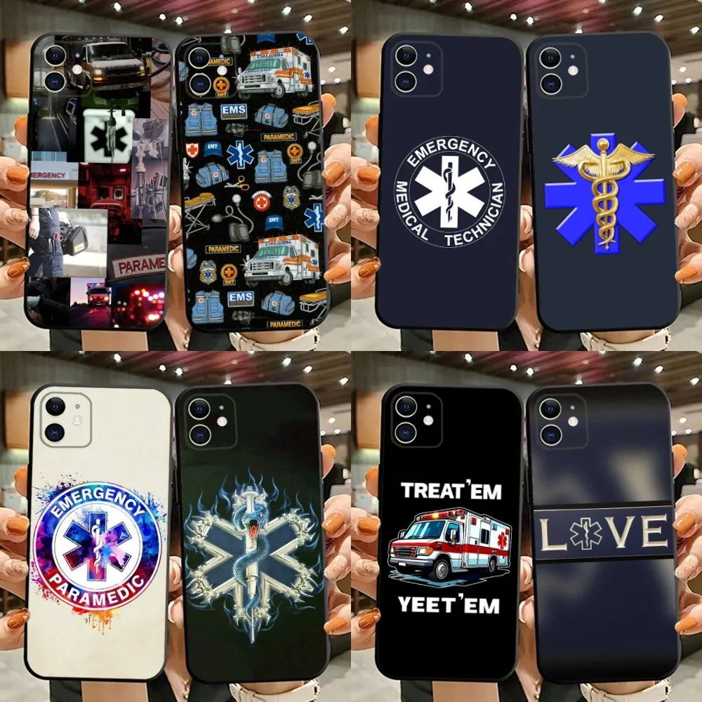 

EMT EMS Ambulance Phone Case For iPhone 15,14,13,12,11,Plus,Pro Max,XS,X,XR,SE,Mini,8,7 Soft Silicone Black Cover