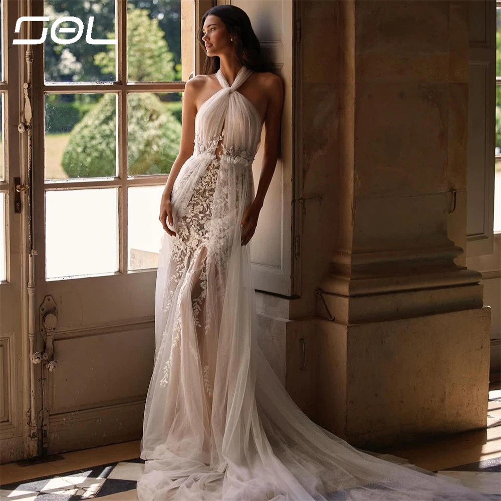 SOL-Robes de mariée en tulle plissé avec ceinture, appliques en dentelle licou sexy, patients A-ligne dos nu élégants, quelle que soit la robe éducative