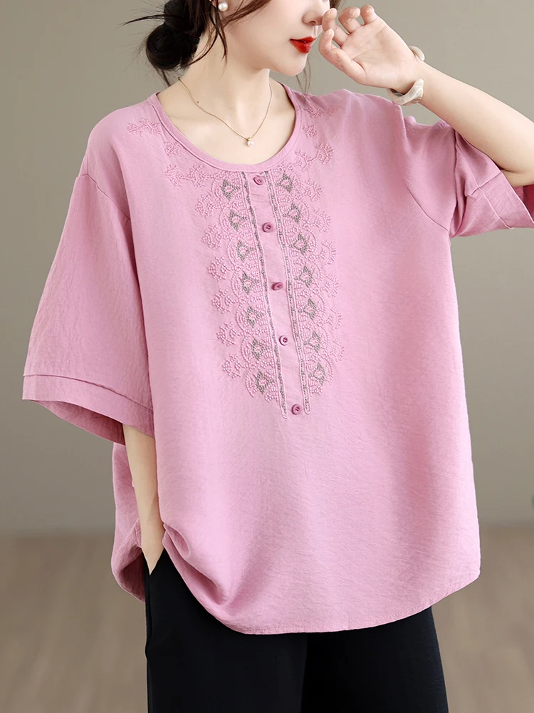 

Loose Cotton Linen Short Sleeve round Neck Embroidered Shirt Women's Summer plus Size Belly Concealing Slimming Top