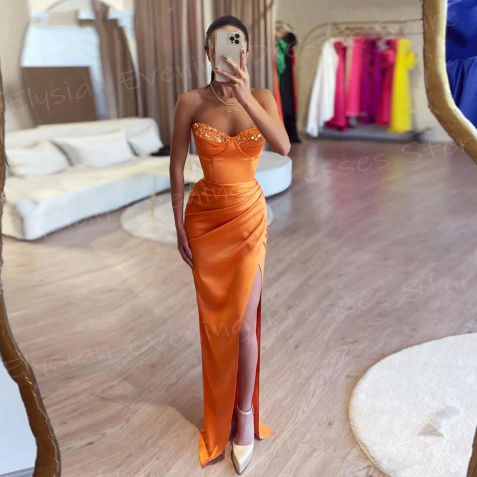 Elegant Orange Women's Mermaid Sexy Evening Dresses Modern Strapless Prom Gowns Charming High Side Split فساتين سهرة شارون سعيد