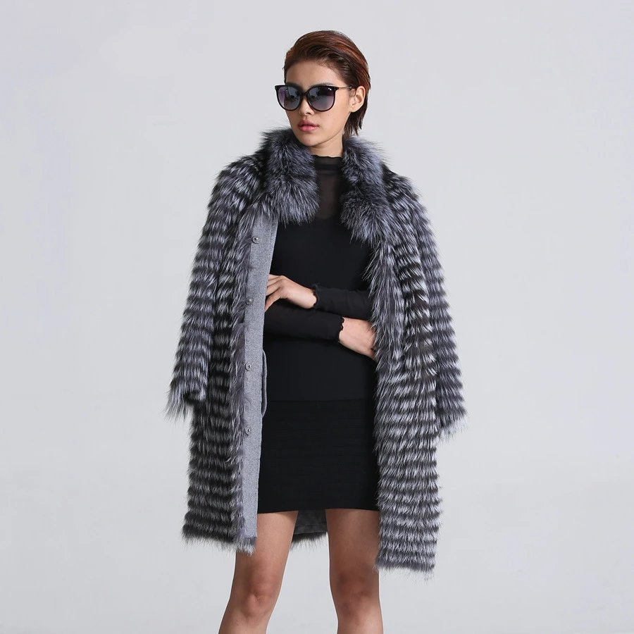 Free Shipping Stand Collar Real Fur Overcoat Women Natural Sliver Fox Fur Coat